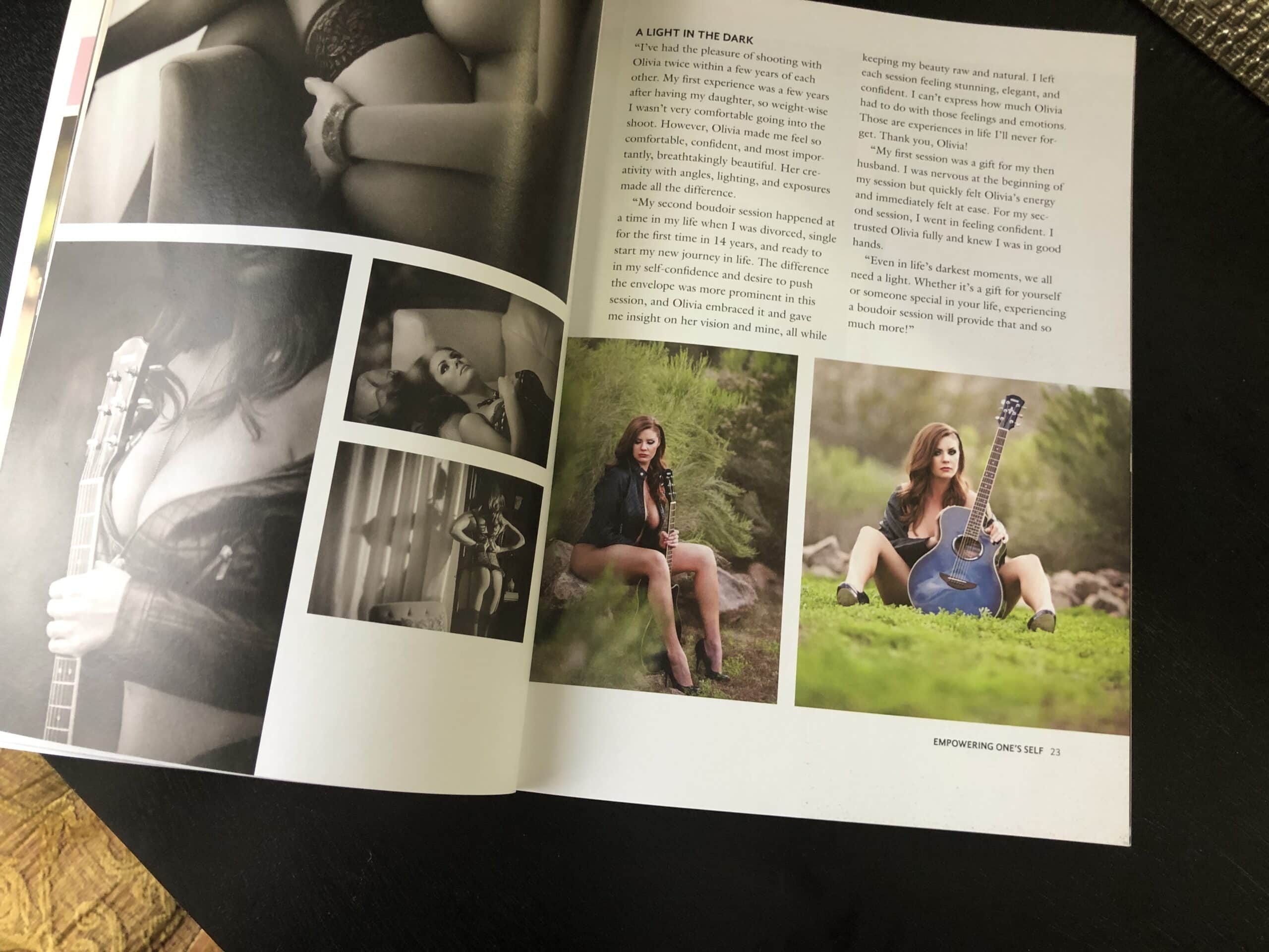 An open magazine on a table featuring four artistic black and white photos and a color photo of a woman sitting outdoors with a guitar. text accompanies the images on the right side. Image by Olivia Womack Photography - Merritt Island, FL.