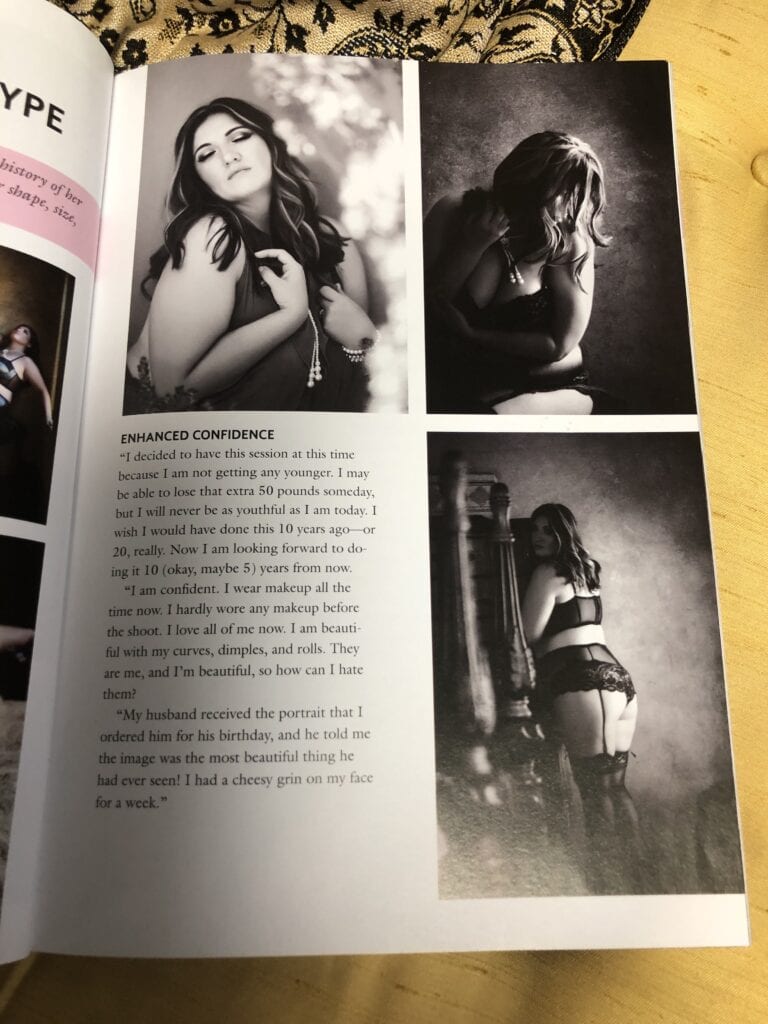A page from a book featuring four black and white portraits of a woman in various poses, exhibiting confidence and emotion, accompanied by a text reflecting on personal growth and self-acceptance. Image by Olivia Womack Photography - Merritt Island, FL.
