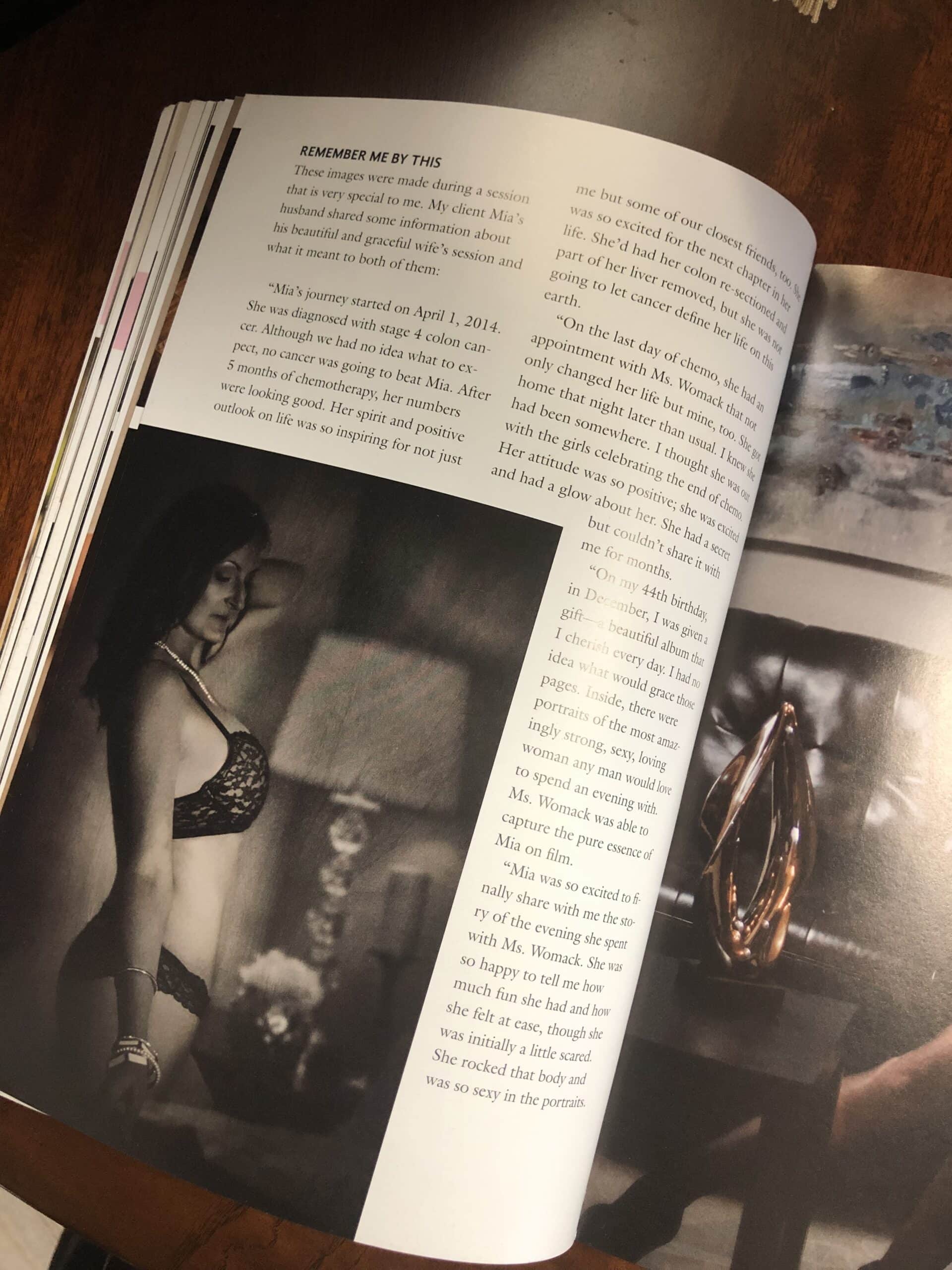 An open book with a photograph of a woman in lingerie leaning on a windowsill, with text on the left page discussing memories tied to a specific date, april 1, 2014. Image by Olivia Womack Photography - Merritt Island, FL.