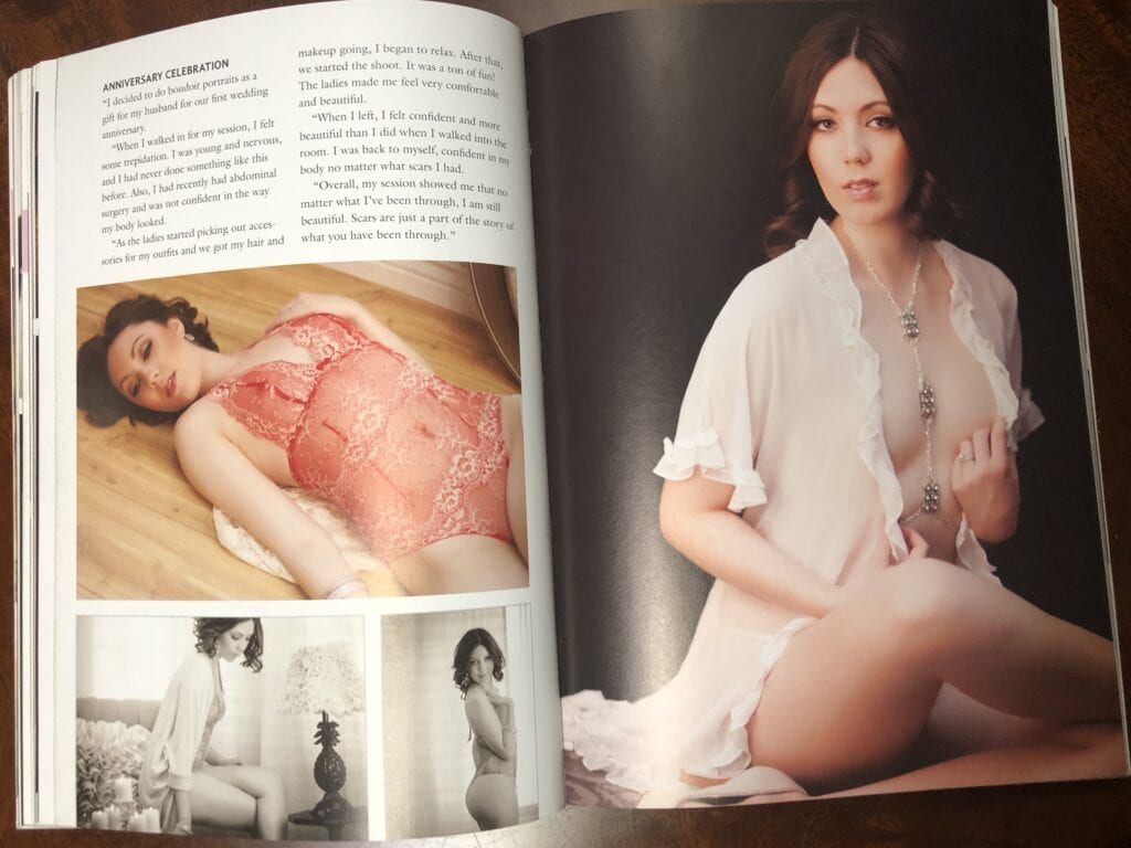 A magazine spread featuring a woman in a red lace dress reclining on a wooden floor and another image of the same woman sitting in a white robe, both in an elegantly styled indoor setting