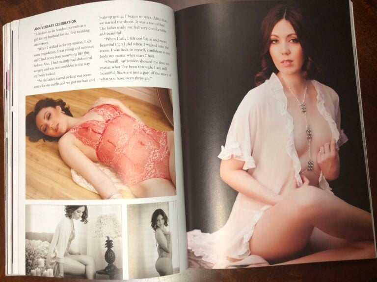 A magazine spread featuring a woman in a red lace dress reclining on a wooden floor and another image of the same woman sitting in a white robe, both in an elegantly styled indoor setting. Image by Olivia Womack Photography - Merritt Island, FL.