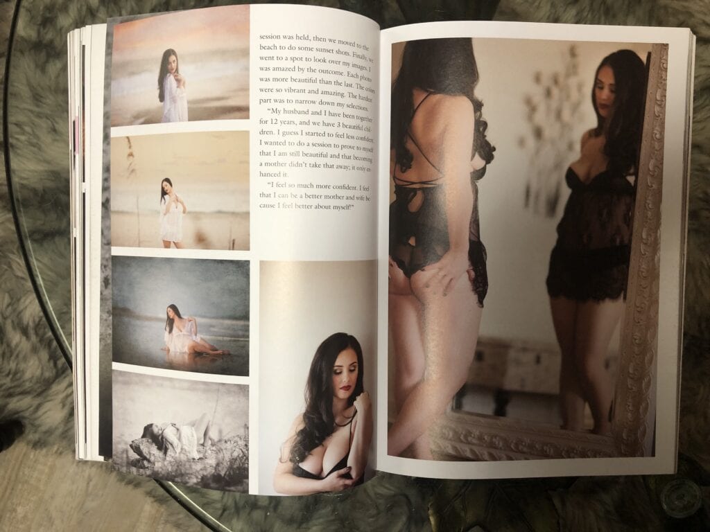 A magazine spread displaying a collection of professional boudoir photographs of a woman in various poses and styles, emphasizing themes of beauty and femininity
