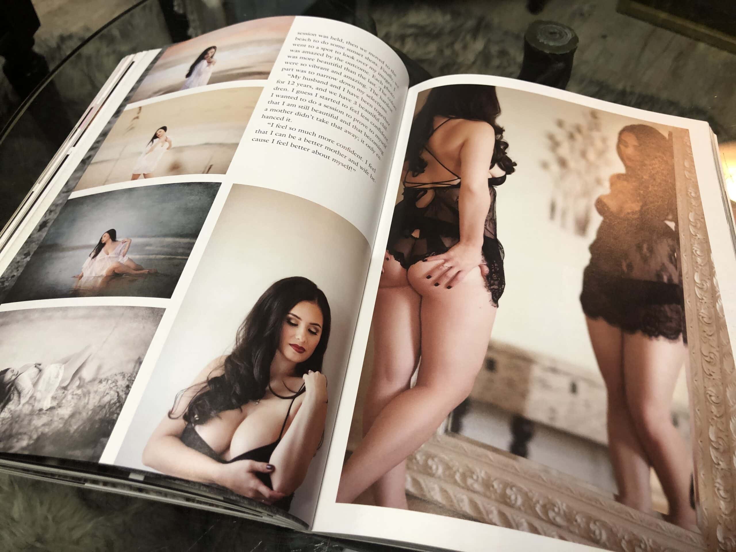 Open magazine featuring an article with multiple artistic photographs of women in lingerie and semi-nude poses, accompanied by text. Image by Olivia Womack Photography - Merritt Island, FL.