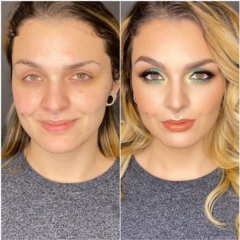 Before-and-after makeup transformation of a woman: on the left, she appears makeup-free; on the right, she sports detailed eye makeup, sculpted eyebrows, foundation, and lipstick. by Olivia Womack Photography