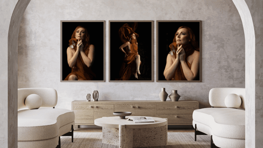 Elegant living room with three framed artistic portraits